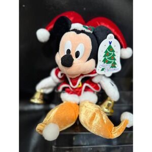 Vintage Tokyo Disneyland Christmas Mickey Mouse Santa Plush Doll w/ Bell 11"Tall